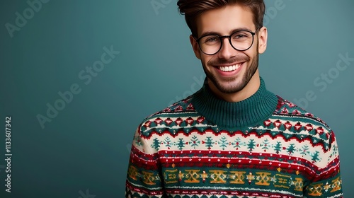 Happy young man in festive sweater smiling at camera against teal background.