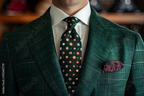 Close-up of a man's green plaid suit jacket, white shirt, and patterned tie with a pocket square.
