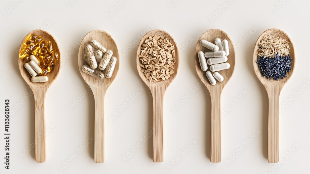 Assorted Supplements and Herbs on Wooden Spoons Assorted Supplements and Herbs on Wooden Spoons