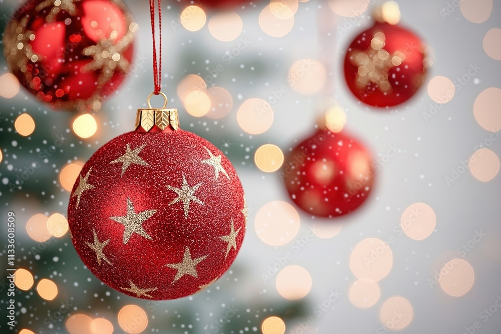 Red Christmas ornaments with glittering gold stars hang from blurred Christmas tree background with soft focus bokeh effects, golden lights. Holiday decorations create festive ambiance. Festive Red Christmas ornaments with glittering gold stars hang from blurred Christmas tree background with soft focus bokeh effects, golden lights. Holiday decorations create festive ambiance. Festive