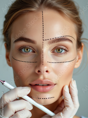 Close-Up of a Woman's Face with Surgeon Marking Contours for Rhinoplasty on a White Background