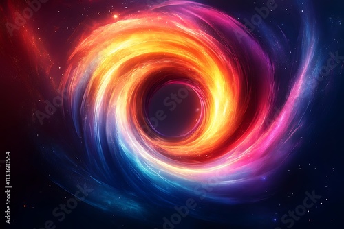 A swirling vortex of vibrant colors in deep space surrounding a black hole.