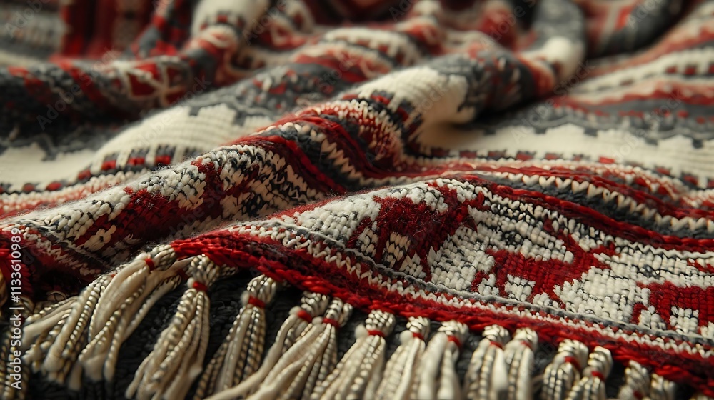 Close-up of a cozy knitted throw blanket with a festive reindeer pattern, featuring red, cream, and gray colors and textured fringe. Close-up of a cozy knitted throw blanket with a festive reindeer pattern, featuring red, cream, and gray colors and textured fringe.