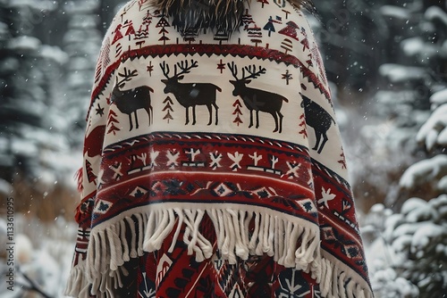 Woman wearing a warm winter poncho with a reindeer pattern in snowy forest. photo