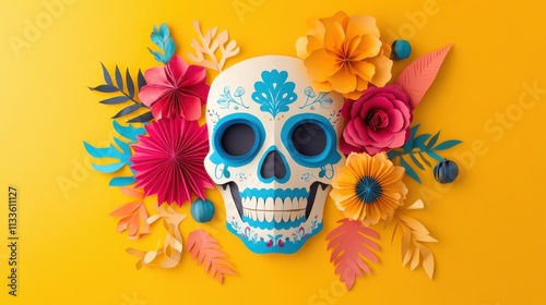 Skull with colorful paper flowers, bones, and decorations on a yellow background for a festive theme