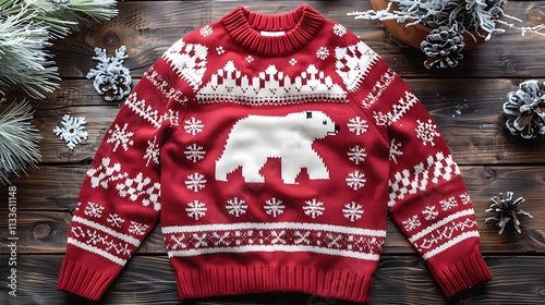 Wallpaper Mural Red Christmas sweater with a polar bear design on a wooden background, surrounded by winter decorations. Torontodigital.ca