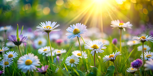 A picturesque view of wild daisies and purple flowers in a grassy meadow under golden sunset light. A peaceful and inspiring scene of untouched nature and rural tranquility. photo