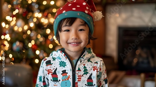 Happy toddler boy in Christmas attire smiles at camera, near decorated tree and fireplace.