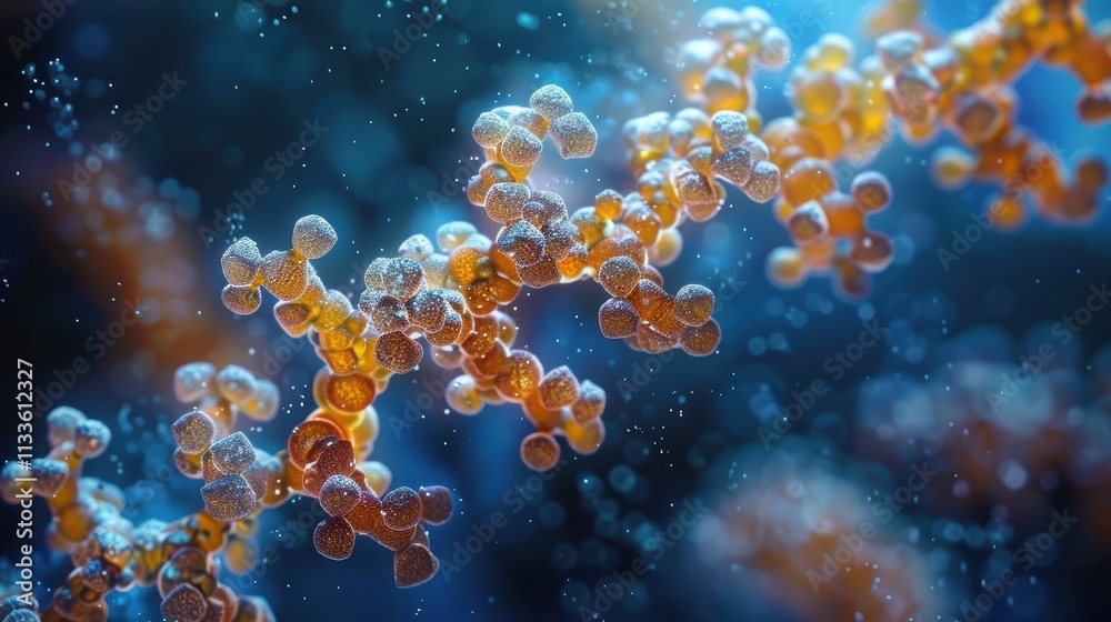 Naklejka premium A visually captivating and detailed close-up of an interconnected chain of molecules, illuminated with soft light, showcasing the complexity of scientific structures