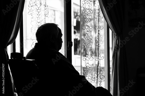 Lonely senior person in wheelchair gazes out the window during quiet afternoon