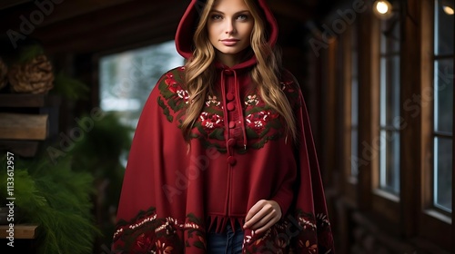 Woman in red hooded embroidered cape, winter fashion.