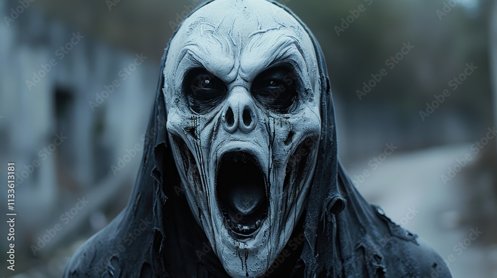 A haunting figure with a skeletal face and dark hood stands in an eerie, desolate setting, evoking feelings of fear and mystery in the observer A haunting figure with a skeletal face and dark hood stands in an eerie, desolate setting, evoking feelings of fear and mystery in the observer