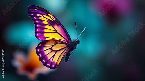 Vibrant purple and orange butterfly resting on green foliage in soft bokeh light