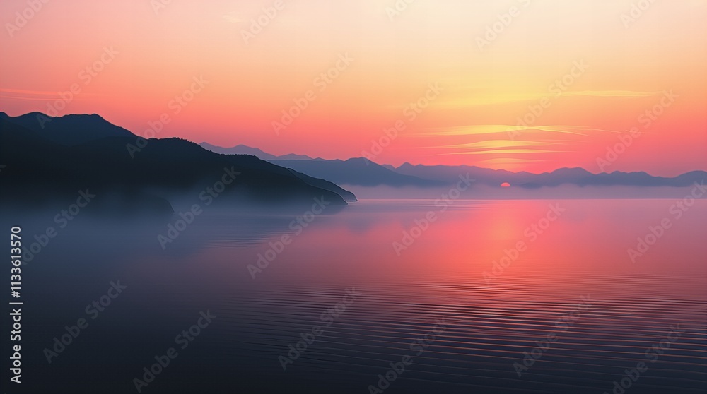 A serene sunset scene featuring soft pink and orange hues reflecting on a calm lake, surrounded by gentle, silhouetted hills.
A serene sunset scene featuring soft pink and orange hues reflecting on a calm lake, surrounded by gentle, silhouetted hills.