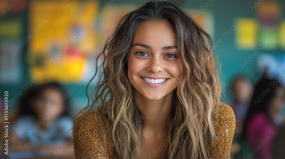 Smiling Young Woman in a Classroom Setting Engaging With Students During an Interactive Learning Session. Generative AI Smiling Young Woman in a Classroom Setting Engaging With Students During an Interactive Learning Session. Generative AI
