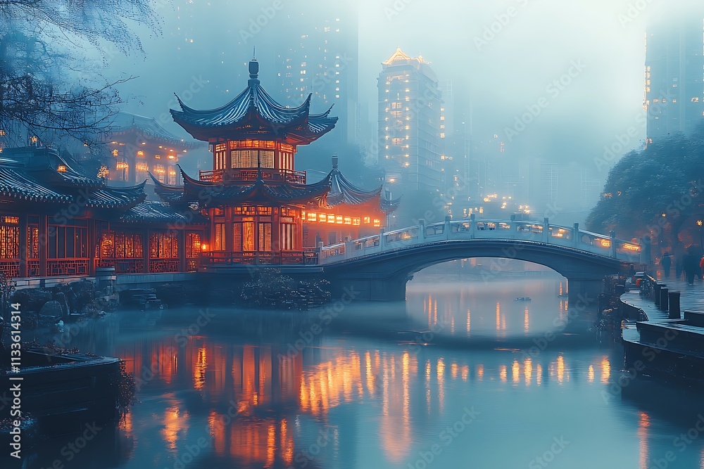 A serene and mysterious night scene featuring a traditional Chinese pagoda and bridge reflecting in the still waters of a misty canal. A serene and mysterious night scene featuring a traditional Chinese pagoda and bridge reflecting in the still waters of a misty canal.