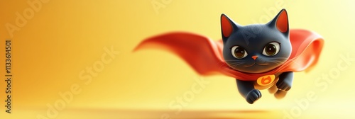 Animated Black Cat Hero, Colorful with Flapping Ears and Red Cape, Against Yellow Backdrop for Heroic or Playful Themes