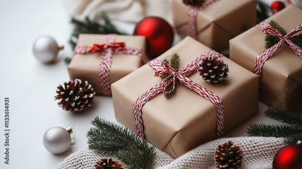 Festive gifts wrapped in kraft paper with red, white twine sit on white background. Decorations include pine branches, pinecones, ornaments. Christmas presents ready for gifting. Cozy, warm holiday Festive gifts wrapped in kraft paper with red, white twine sit on white background. Decorations include pine branches, pinecones, ornaments. Christmas presents ready for gifting. Cozy, warm holiday
