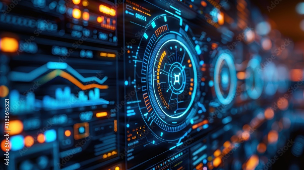 A highly complex and futuristic digital interface displaying intricate data visualizations and holographic elements in vivid neon colors