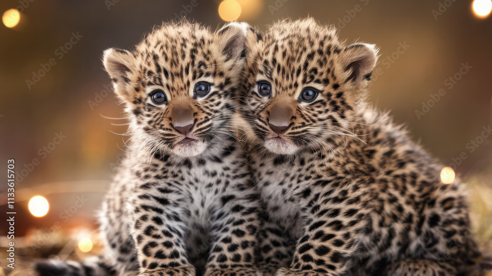 Naklejka premium Adorable Leopard Cubs – Close-up of Two Playful Baby Leopards