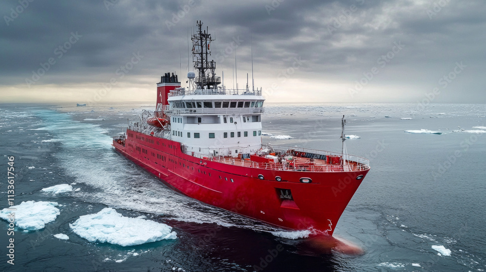 A large red ship is sailing through the ocean A large red ship is sailing through the ocean