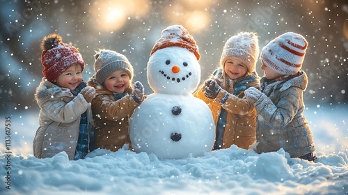 Snowman building with children at christmas high resolution image