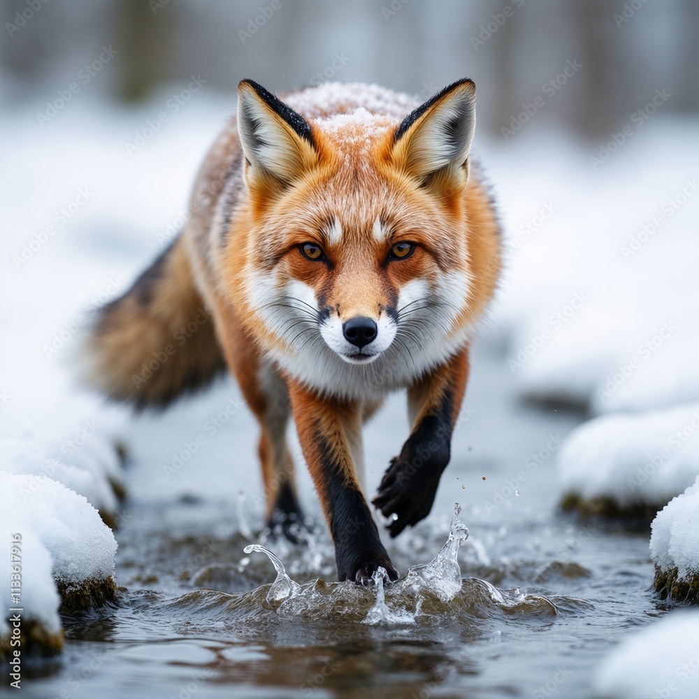Obraz premium Red fox walking through snowy stream in winter