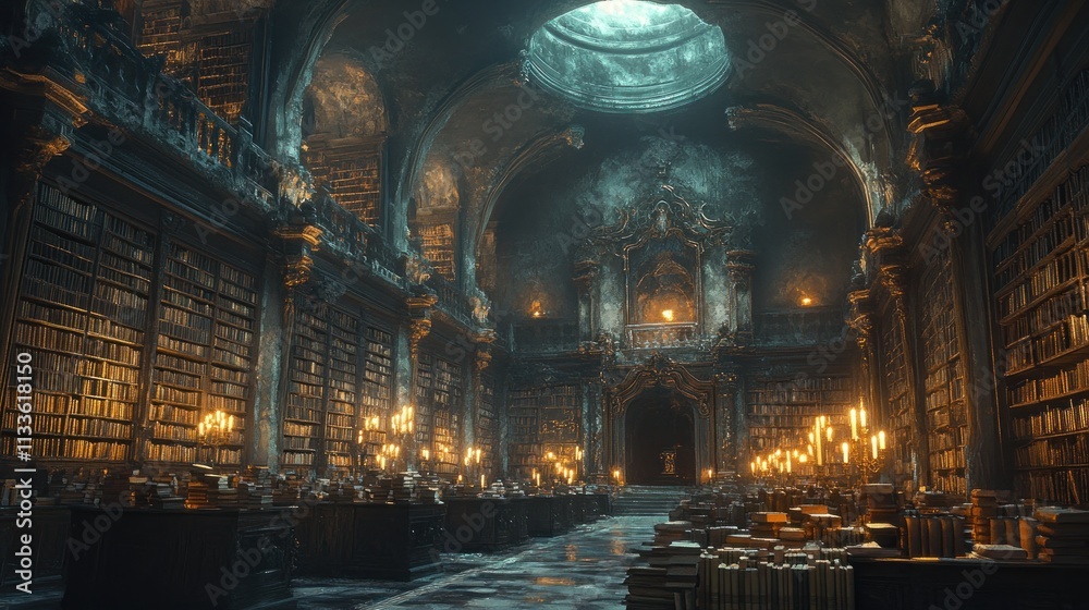 Candlelit, ancient library, bookshelves, gothic architecture. Candlelit, ancient library, bookshelves, gothic architecture.