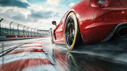 car on race track bottom side view from the front, passing through a carwash at high speed, background of the racetrack with fences, in front asphalt with track marking lines, surreal image 