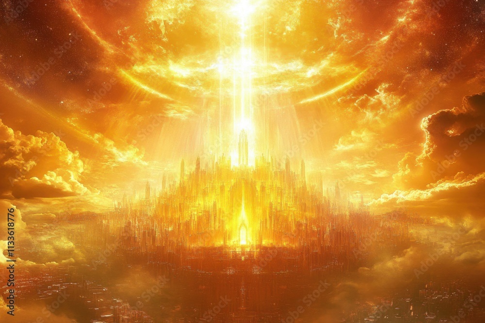 Fototapeta premium An ethereal golden city is seen descending from the heavens.