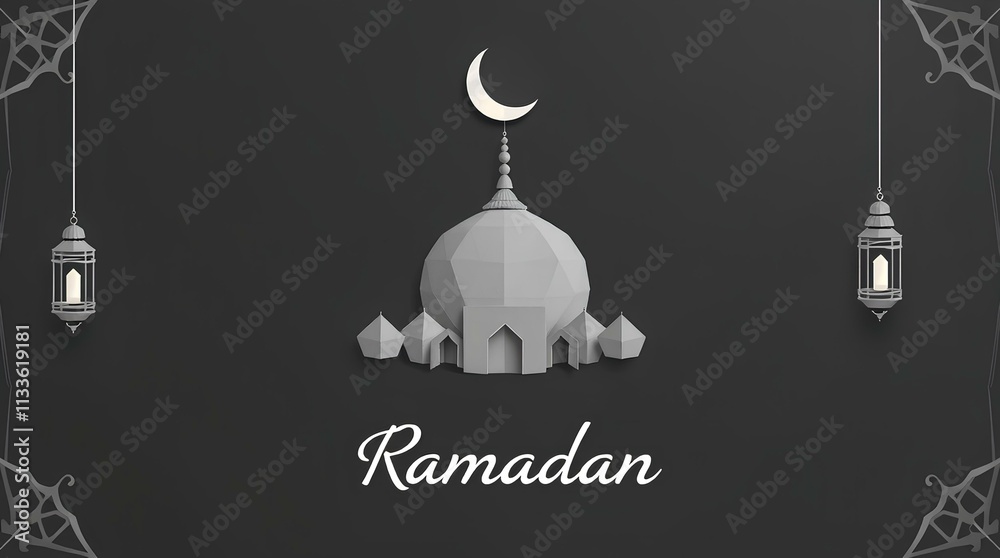 minimalist crescent moon with mosque silhouette and Ramadan
