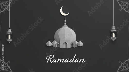 minimalist crescent moon with mosque silhouette and Ramadan