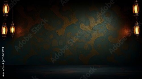 intricate floral arabesque pattern in golden hues on a dark background