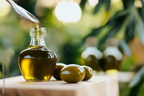 On a rustic table, olive oil in a glass bottle surrounded by fresh olives conveys a vibrant, healthy lifestyle and the rich tradition of Mediterranean cuisine.