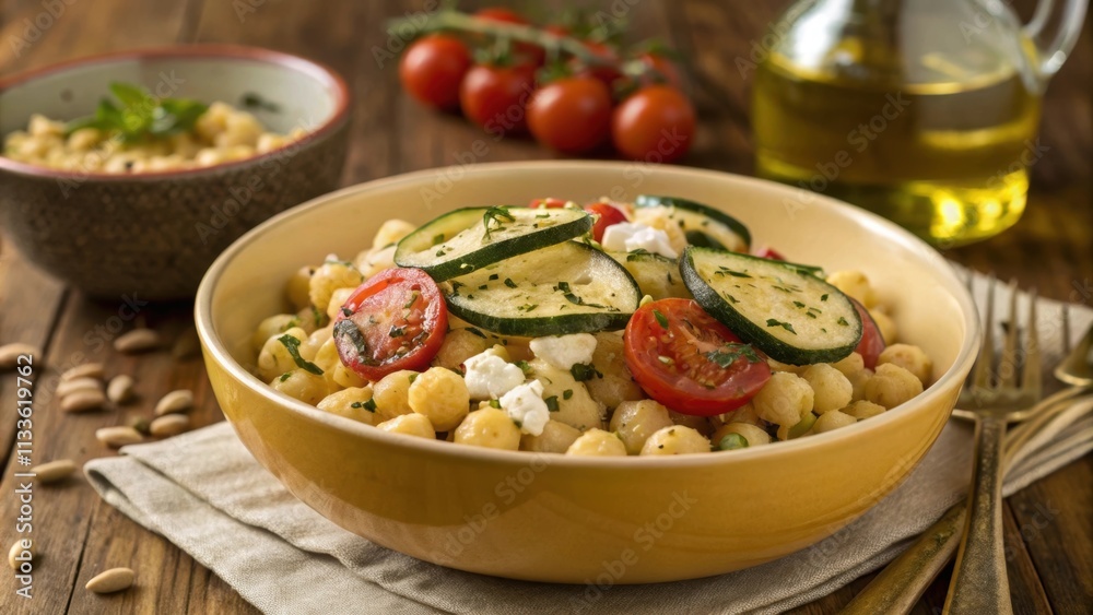 A rustic wooden table serves as the backdrop for a goldenhued bowl filled with wholesome chickpea pasta resembling tiny shells. Heaped generously on top are slender slices of A rustic wooden table serves as the backdrop for a goldenhued bowl filled with wholesome chickpea pasta resembling tiny shells. Heaped generously on top are slender slices of