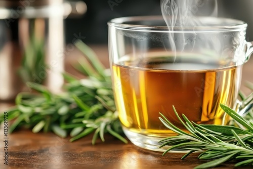 A steaming cup of herbal tea with a sprig of rosemary on a wooden table, surrounded by a warm ambiance. A kettle in the background adds to the scene.