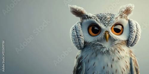 Close-up Owl Wearing Headphones on Grey Background for Advertisement photo