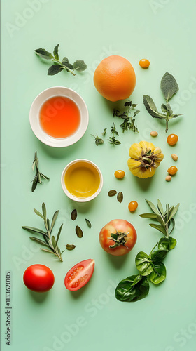 Topdown view of an artistic arrangement of ingredients on a pastelcolored background focusing on a harmonious mix of red and warm tones The ingredients are organize