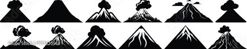 Volcano silhouettes set, mountain pack of vector silhouette design, isolated background