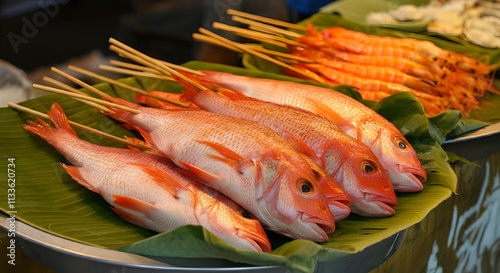 Raw Fish Skewers at Indonesian Food Market photo