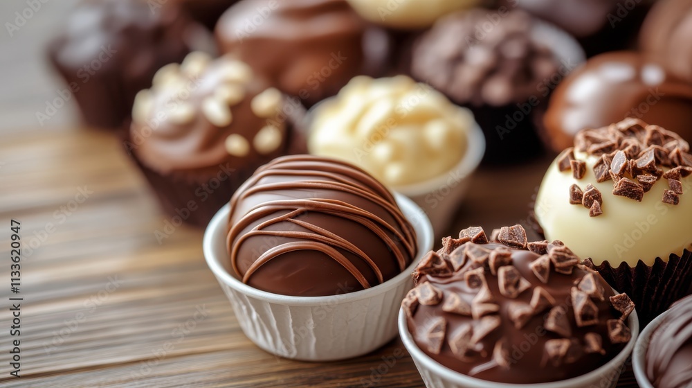 A close-up view of assorted chocolates presented with different toppings, showcasing rich textures and delectable appeal on a wooden surface. A close-up view of assorted chocolates presented with different toppings, showcasing rich textures and delectable appeal on a wooden surface.