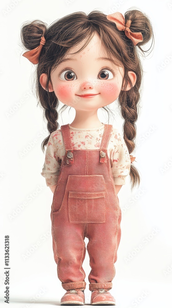 A cheerful girl with braids in cute overalls and a floral shirt. A cheerful girl with braids in cute overalls and a floral shirt.