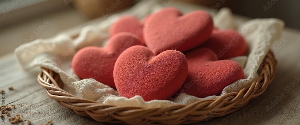 Heart-shaped cookies lovingly arranged in wicker basket against rustic background Heart-shaped cookies lovingly arranged in wicker basket against rustic background