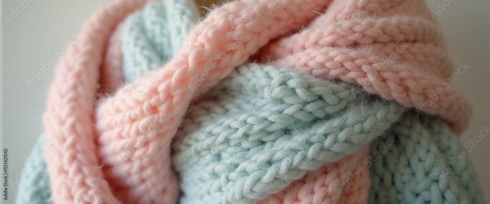 Soft Knitted Textures in Pastel Pink and Blue Representing Coziness and Comfort with Copy Space