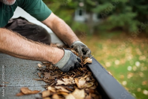Hands in gloves are engaged in a task of removing dry leaves from a roof gutter to ensure proper house preparation. The scene captures activity and focus. photo