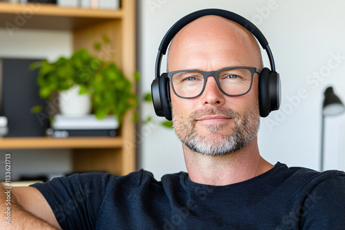 a middle-aged professional wearing premium headphones photo