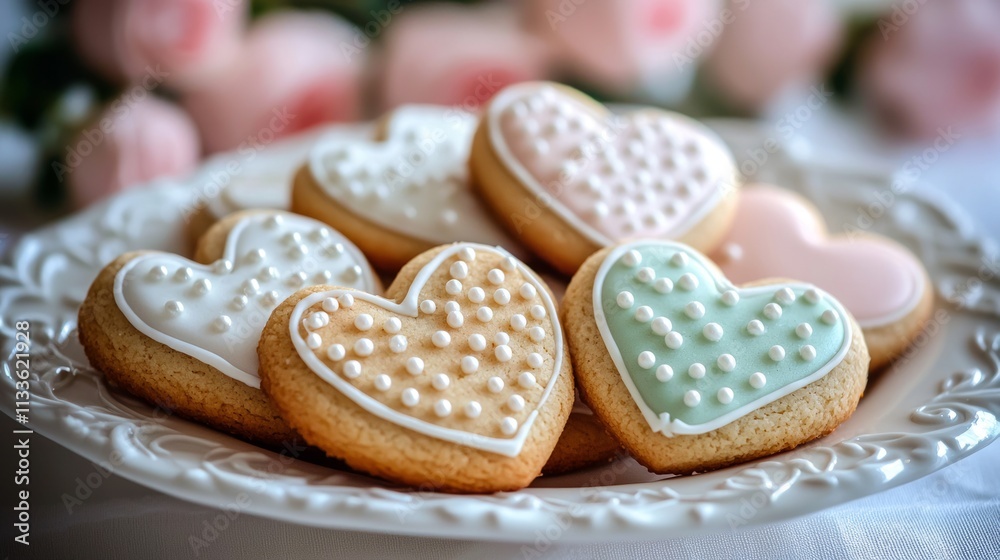 A beautifully arranged plate of heart-shaped sugar cookies with colorful icing, some decorated with delicate piping and edible pearls A beautifully arranged plate of heart-shaped sugar cookies with colorful icing, some decorated with delicate piping and edible pearls