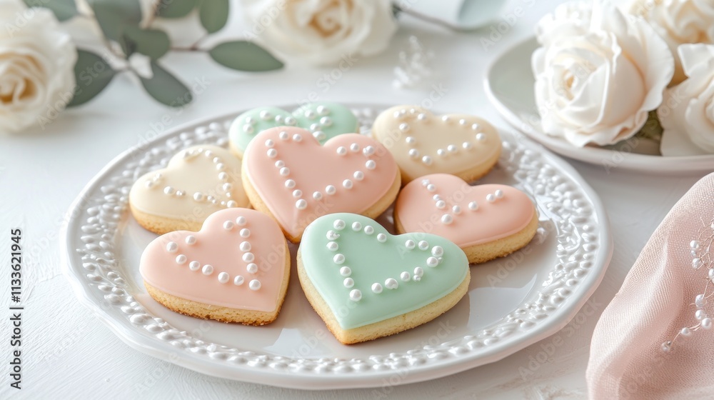 A beautifully arranged plate of heart-shaped sugar cookies with colorful icing, some decorated with delicate piping and edible pearls A beautifully arranged plate of heart-shaped sugar cookies with colorful icing, some decorated with delicate piping and edible pearls