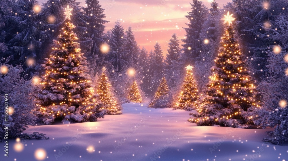 An artistic depiction of a Christmas tree forest adorned with lights and decorations.
