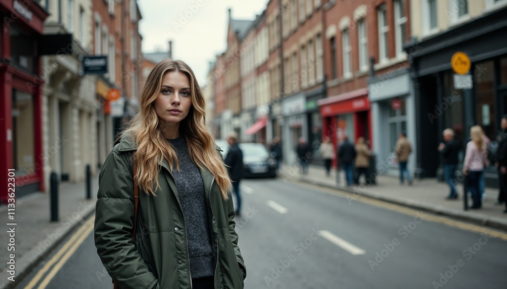 Fototapeta premium Confident young woman posing on urban street with people and shops in background